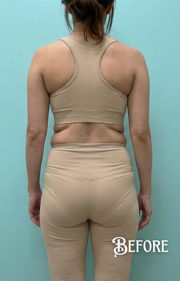 ベージュのセパレート型スポーツウェア（ブラトップとレギンス）を着用した30代女性の後ろ姿。髪をまとめ、背中から腰にかけての肌が露出している。ウエスト周りの肉付きのBefore写真。
